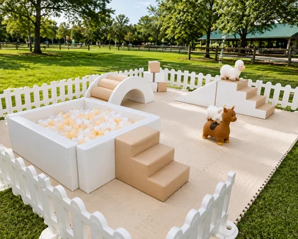 Premium Nude Station soft play rental set up for a kids party in Miami, Large footprint