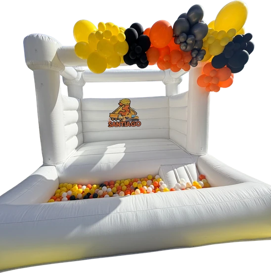 White Toddler Bounce + Ball Pit bounce house rental set up for a kids party in Miami, 10 × 10 ft white